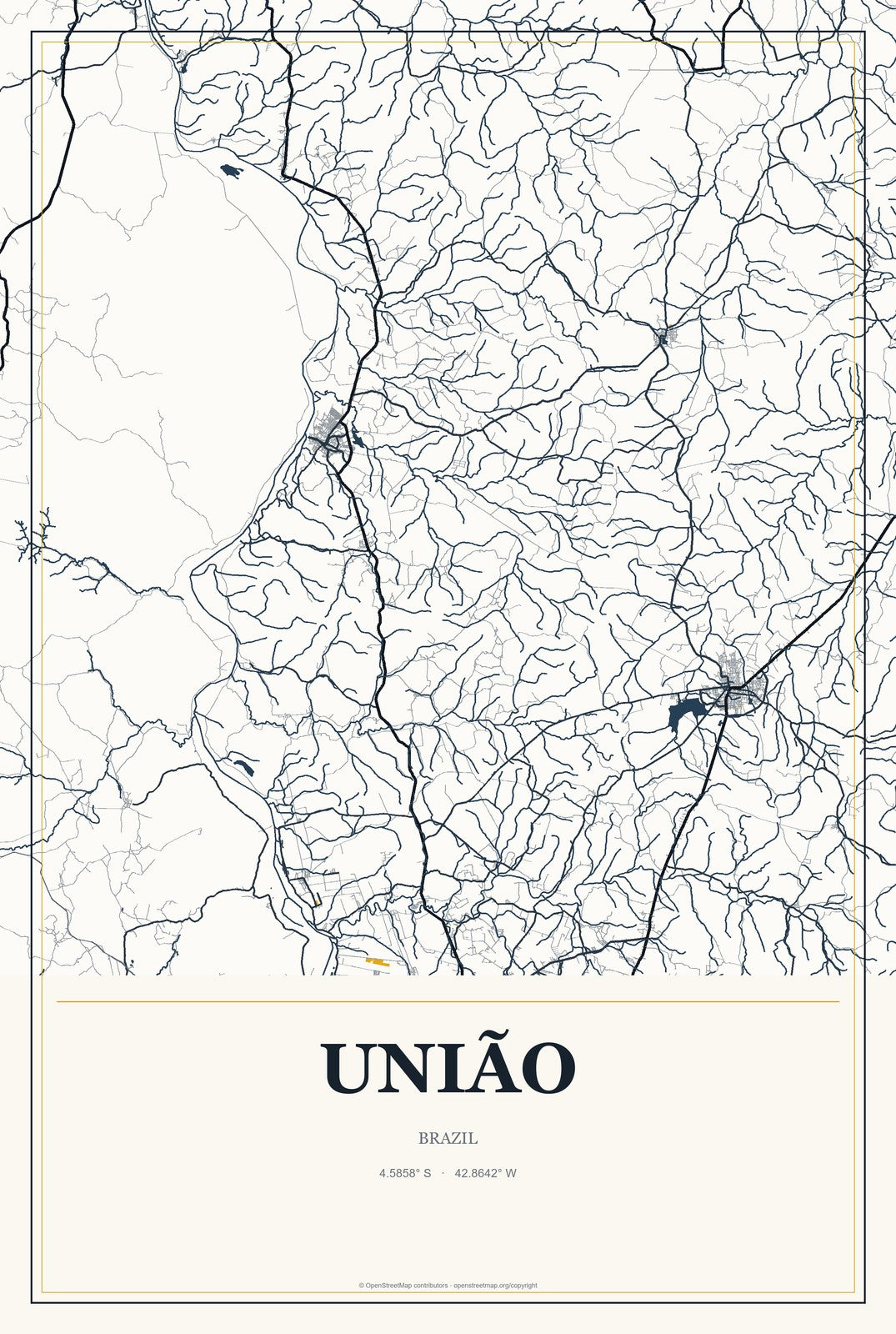 União, Brazil City Map Aluminum Sign in Citrine Modern style