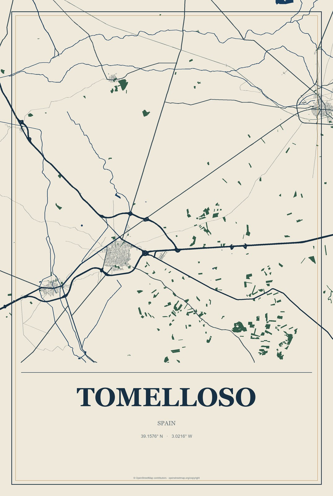 Tomelloso, Spain City Map Aluminum Sign in Coastal Cutout style
