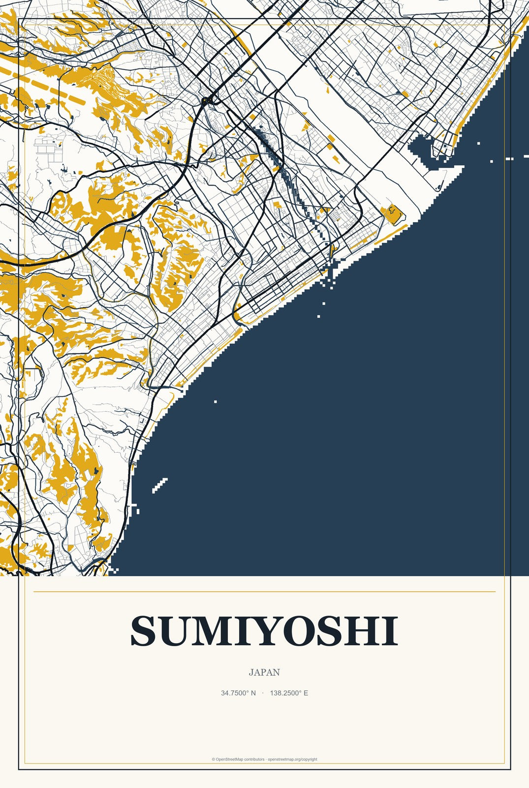 Sumiyoshi, Japan City Map Aluminum Sign in Citrine Modern style