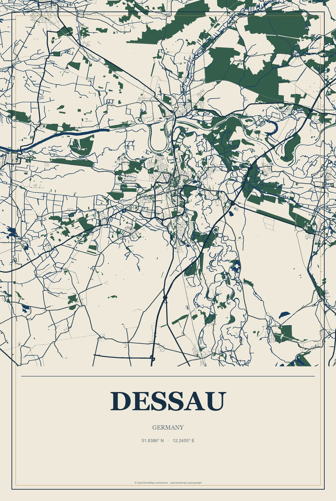 Dessau, Germany City Map Aluminum Sign in Coastal Cutout style