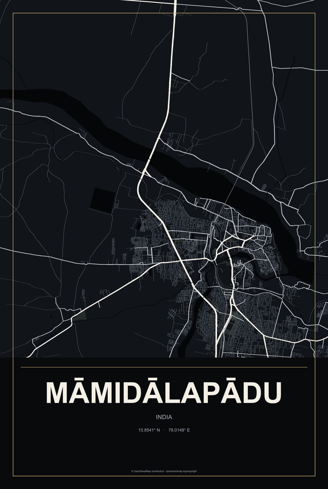 Māmidālapādu, India City Map Aluminum Sign in Metropolitan Noir style