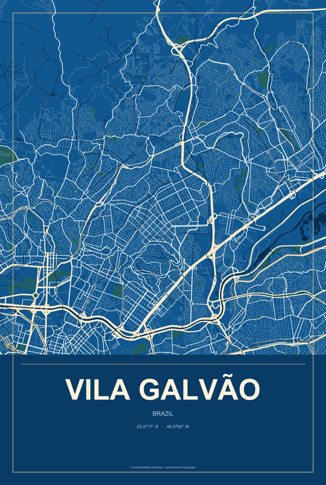 Vila Galvão, Brazil City Map Aluminum Sign in Harbor Cobalt style