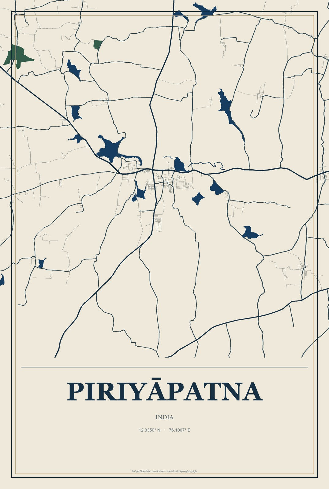 Piriyāpatna, India City Map Aluminum Sign in Coastal Cutout style