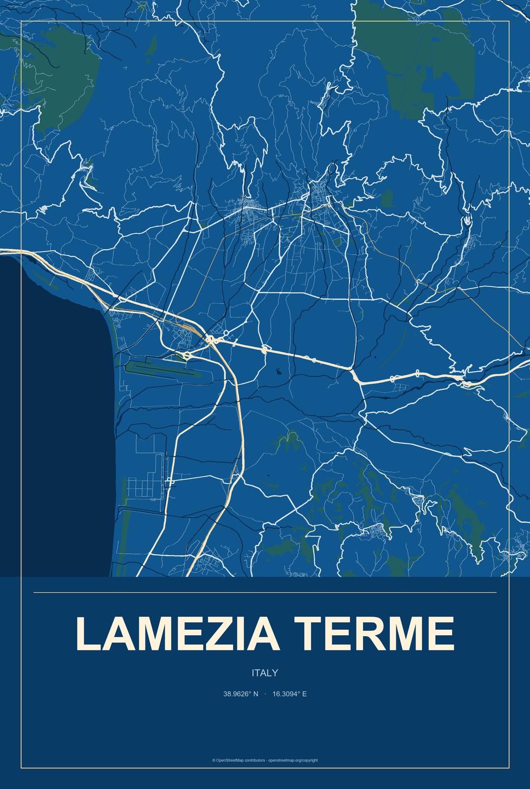 Lamezia Terme, Italy City Map Aluminum Sign in Harbor Cobalt style