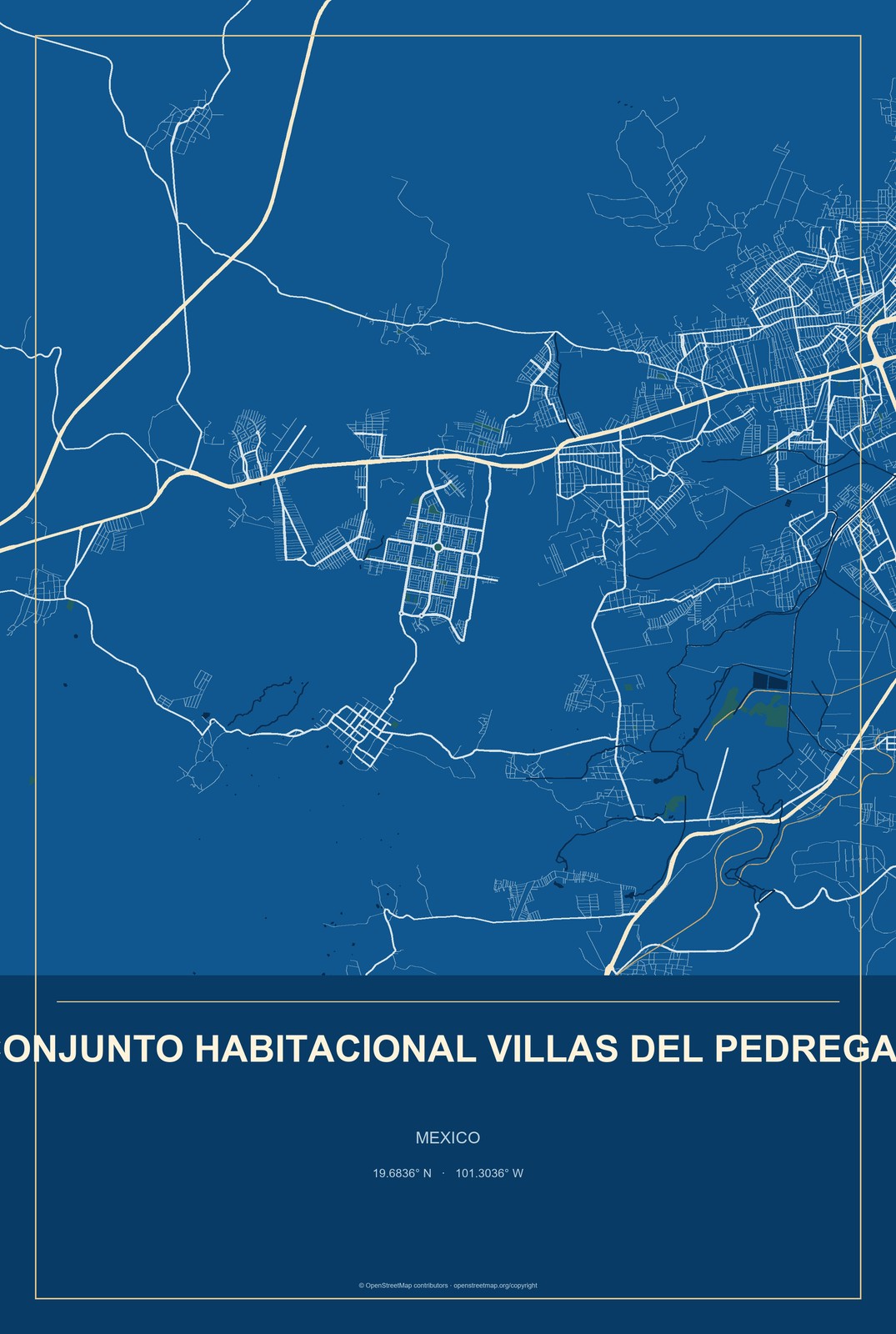 Conjunto Habitacional Villas del Pedregal, Mexico City Map Aluminum Sign in Harbor Cobalt style