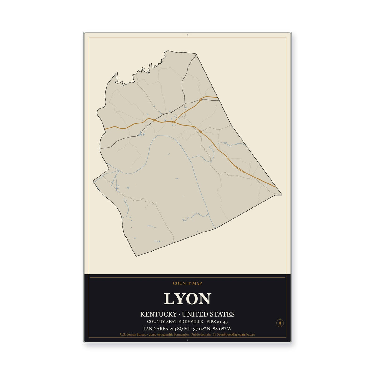 Lyon County, Kentucky Map Aluminum Sign in Museum Plaque style