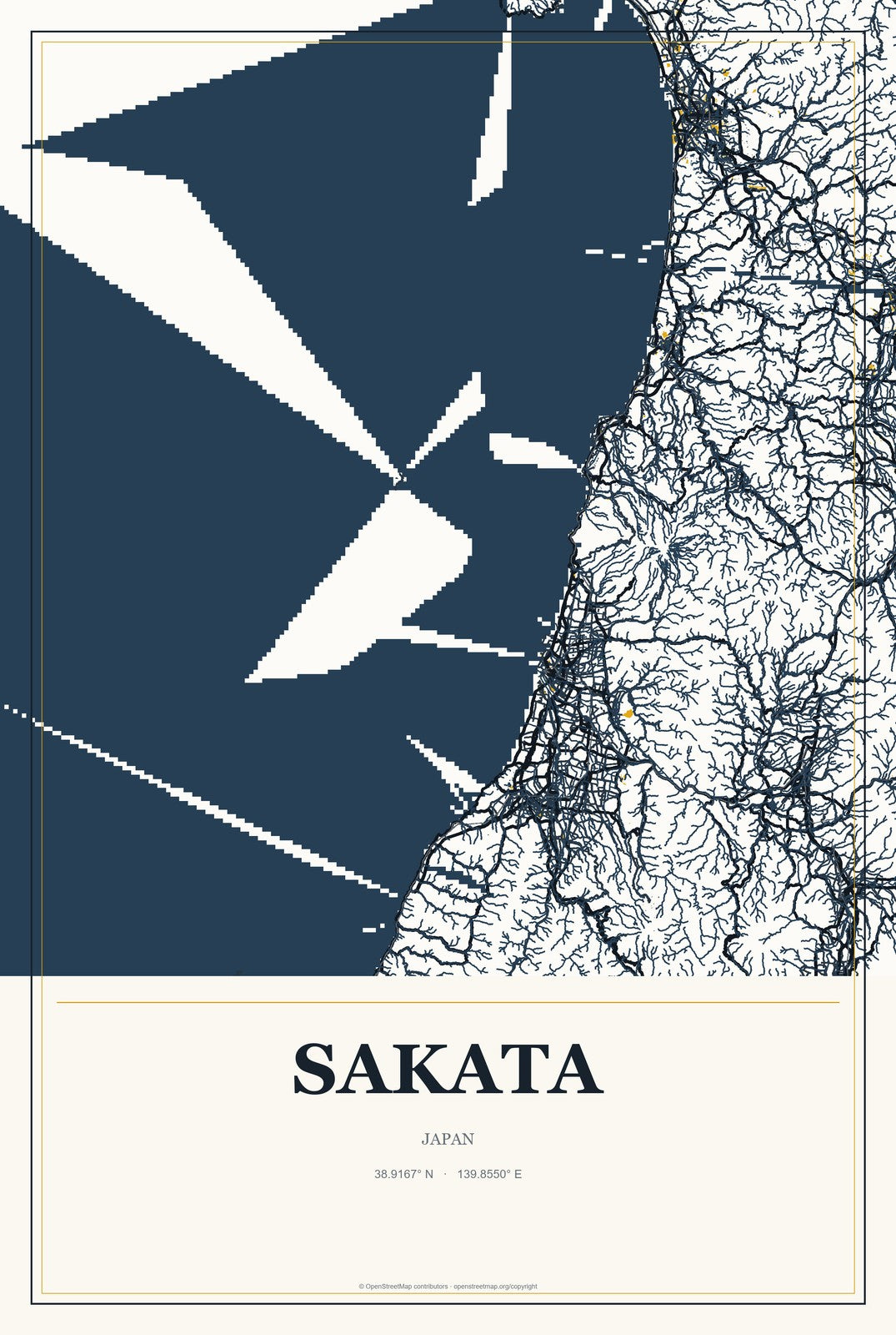 Sakata, Japan City Map Aluminum Sign in Citrine Modern style