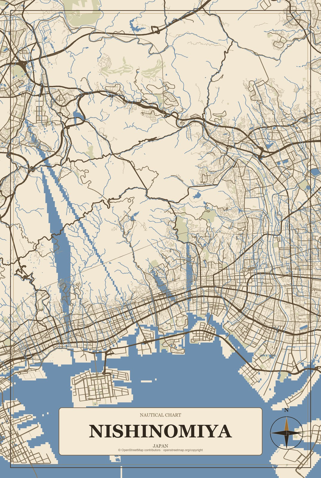 Nishinomiya, Japan City Map Aluminum Sign in Heritage Nautical style