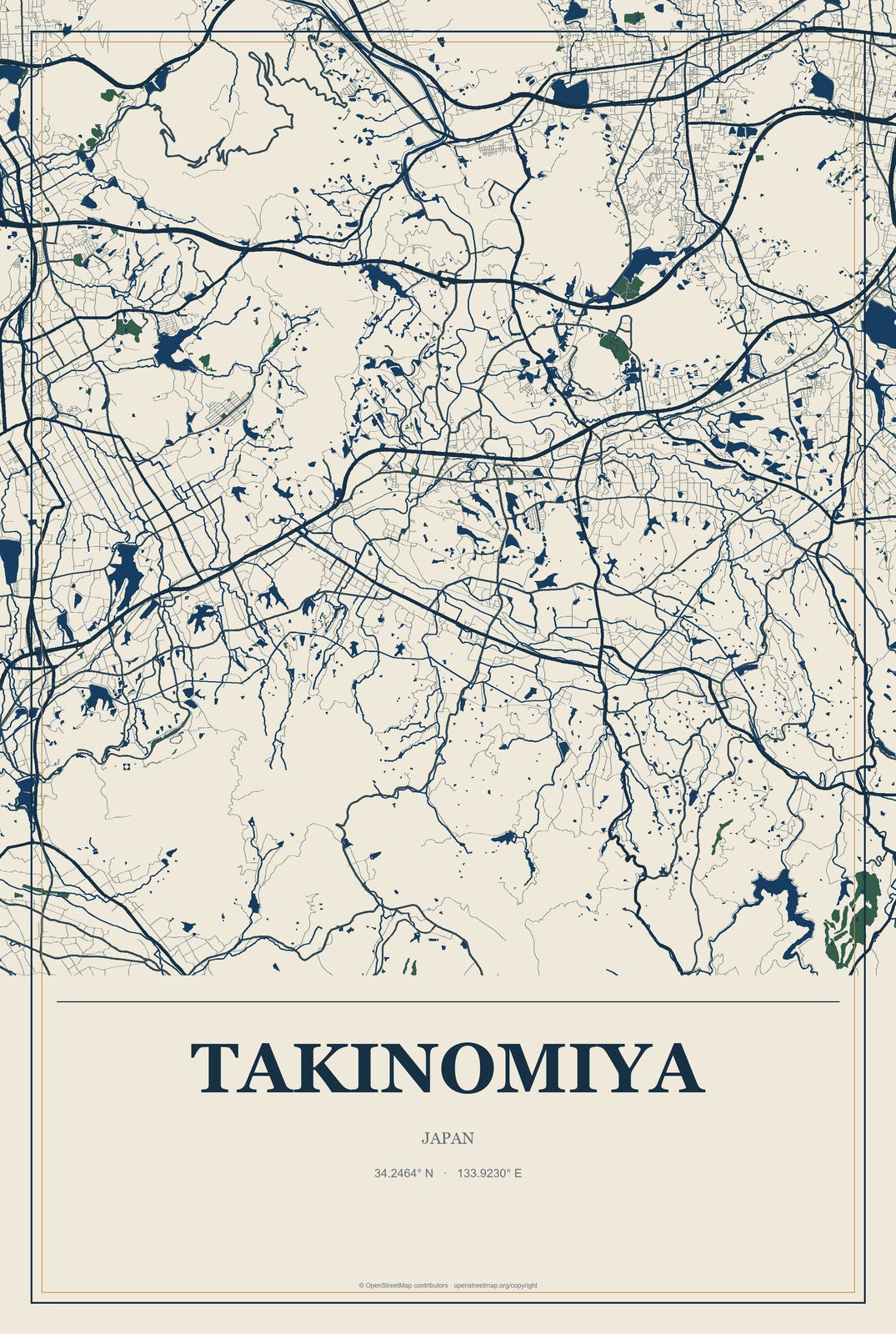 Takinomiya, Japan City Map Aluminum Sign in Coastal Cutout style