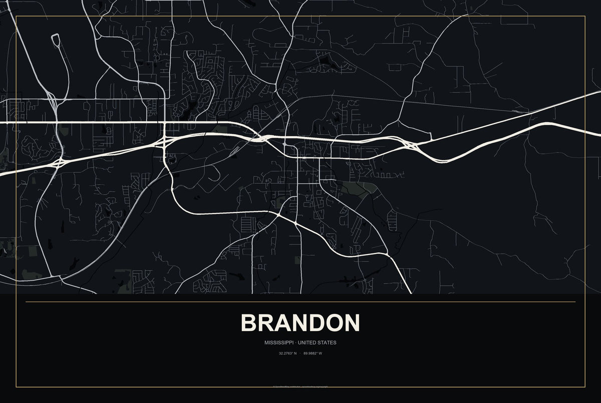 Brandon, Mississippi City Map Aluminum Sign in Metropolitan Noir style