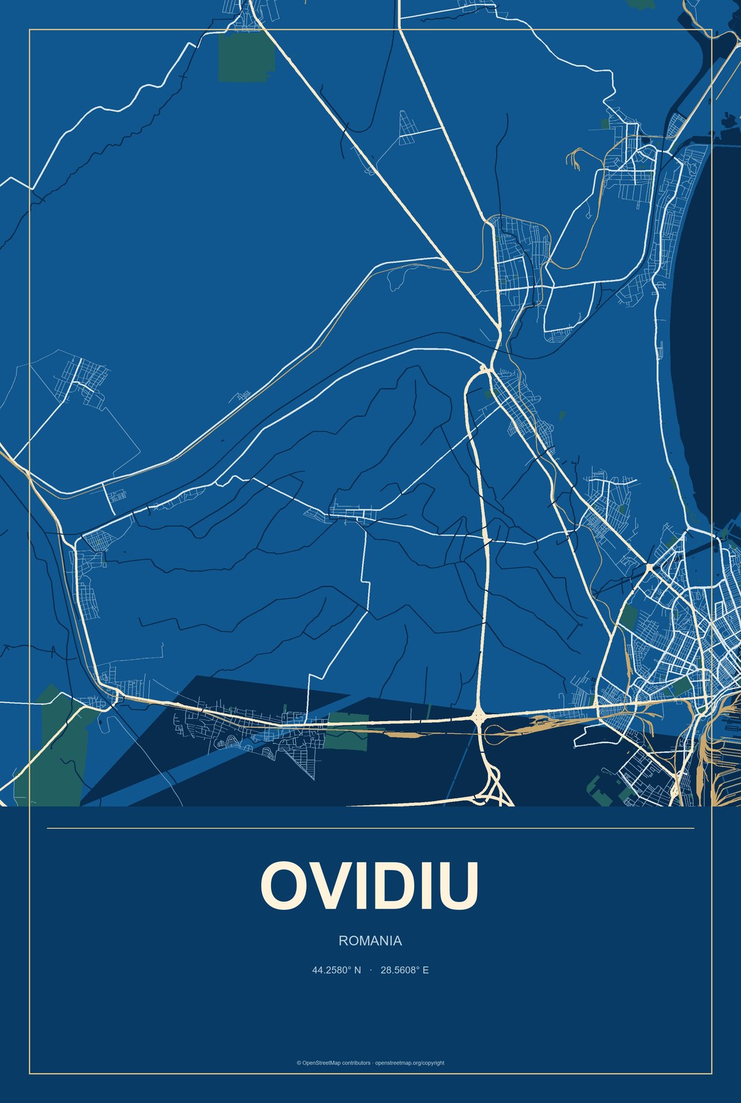 Ovidiu, Romania City Map Aluminum Sign in Harbor Cobalt style