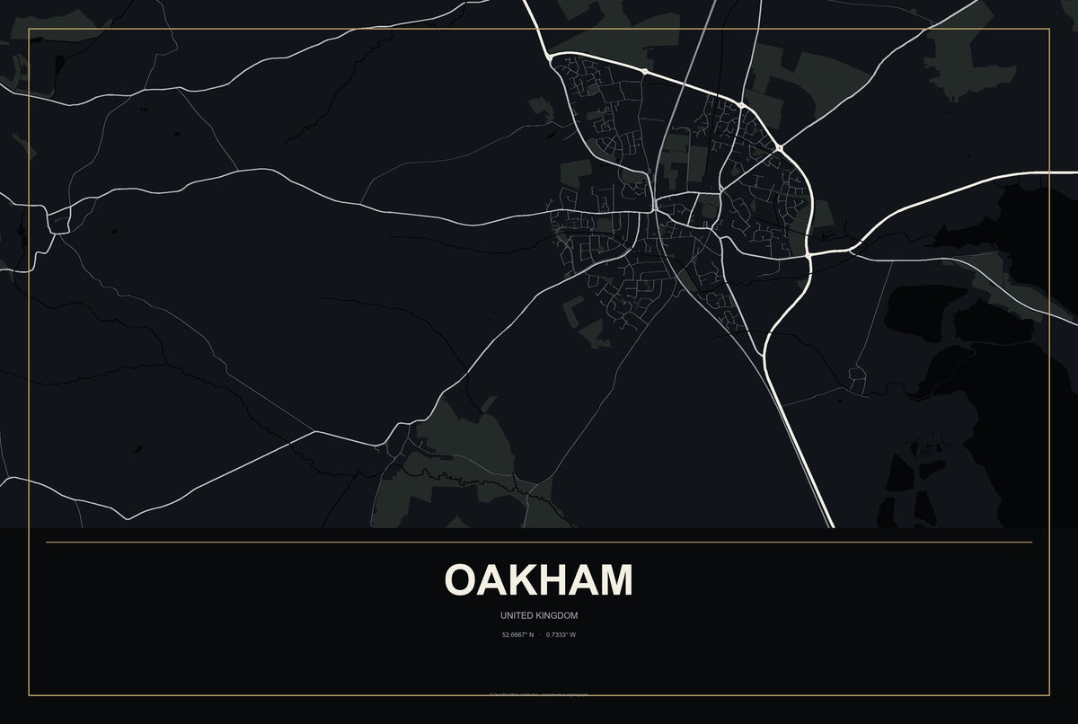 Oakham, United Kingdom City Map Aluminum Sign in Metropolitan Noir style