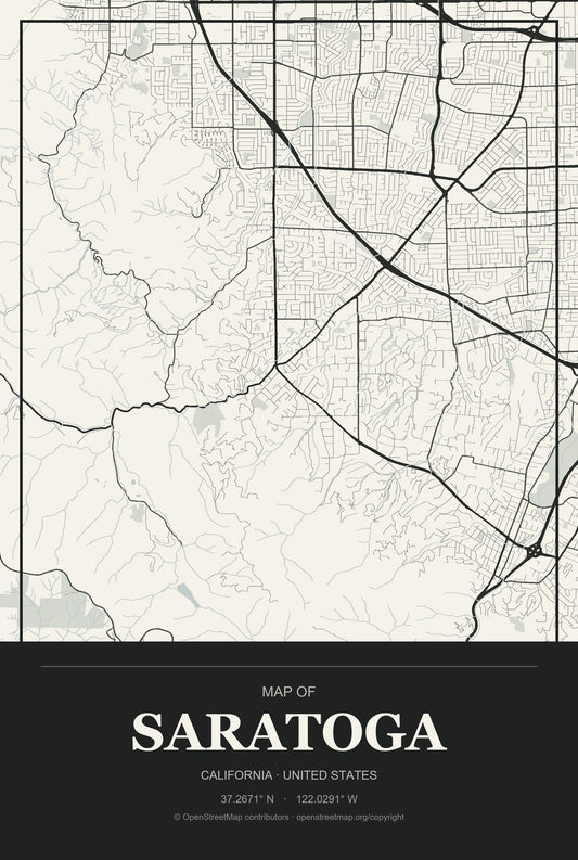Saratoga, California City Map Aluminum Sign in Museum Plaque style