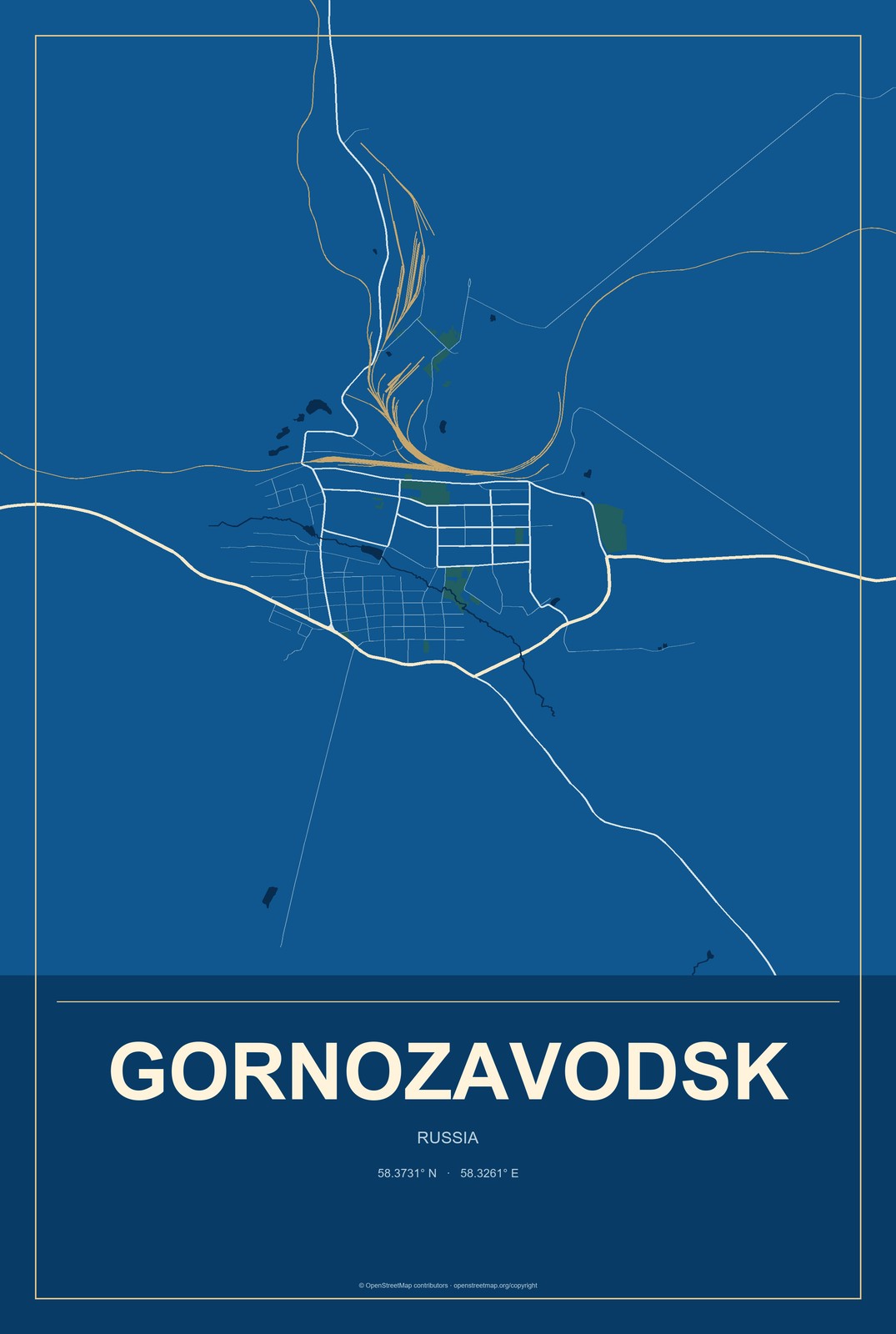 Gornozavodsk, Russia City Map Aluminum Sign in Harbor Cobalt style