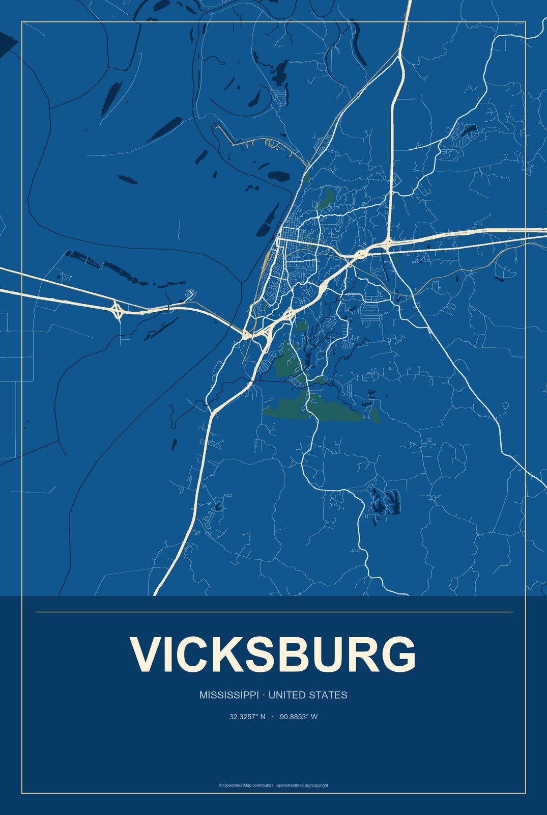 Vicksburg, Mississippi City Map Aluminum Sign in Harbor Cobalt style