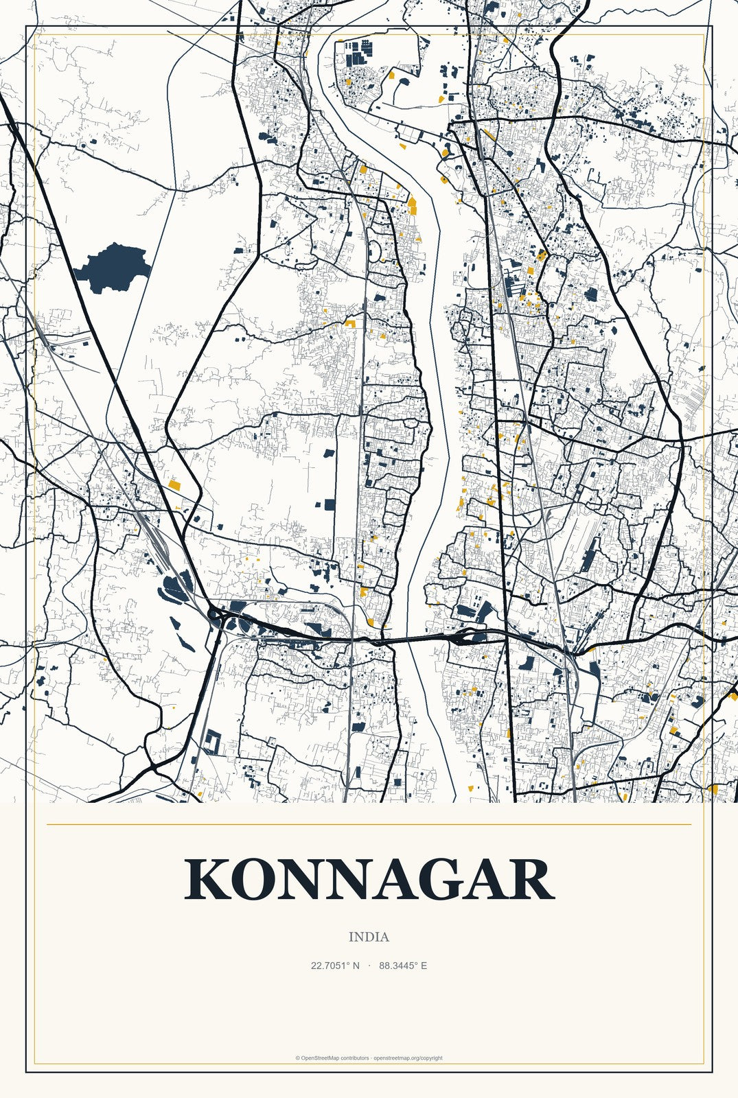Konnagar, India City Map Aluminum Sign in Citrine Modern style