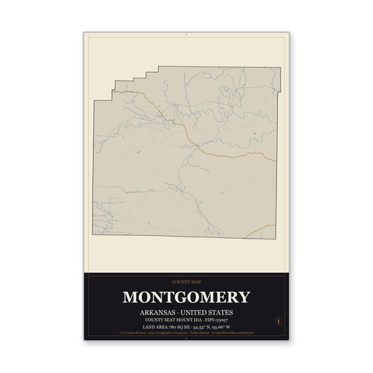 Montgomery County, Arkansas Map Aluminum Sign in Museum Plaque style