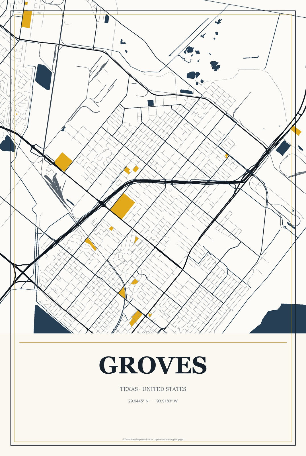 Groves, Texas City Map Aluminum Sign in Citrine Modern style
