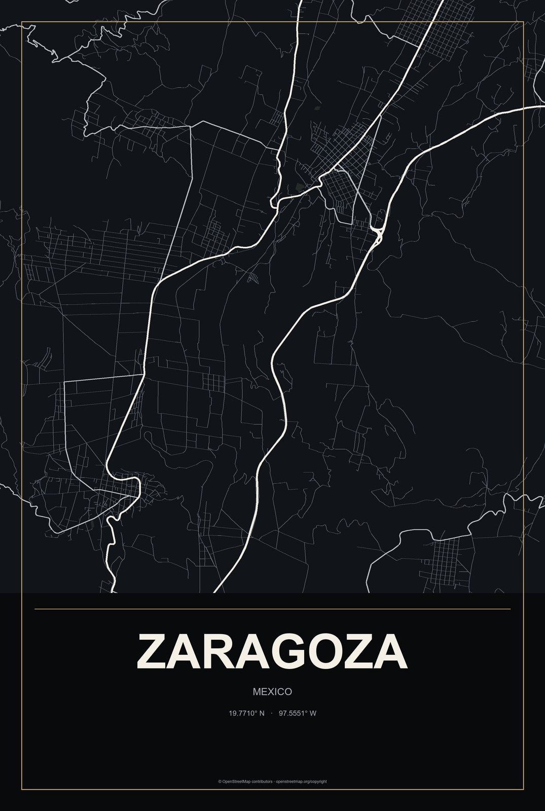 Zaragoza, Coahuila, Mexico City Map Aluminum Sign in Metropolitan Noir style