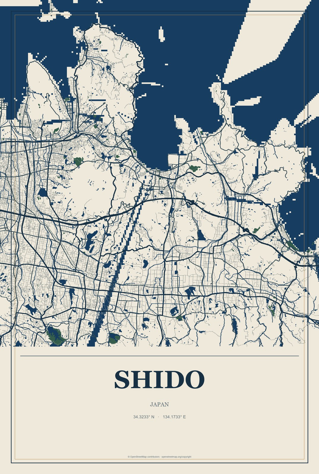 Shido, Japan City Map Aluminum Sign in Coastal Cutout style