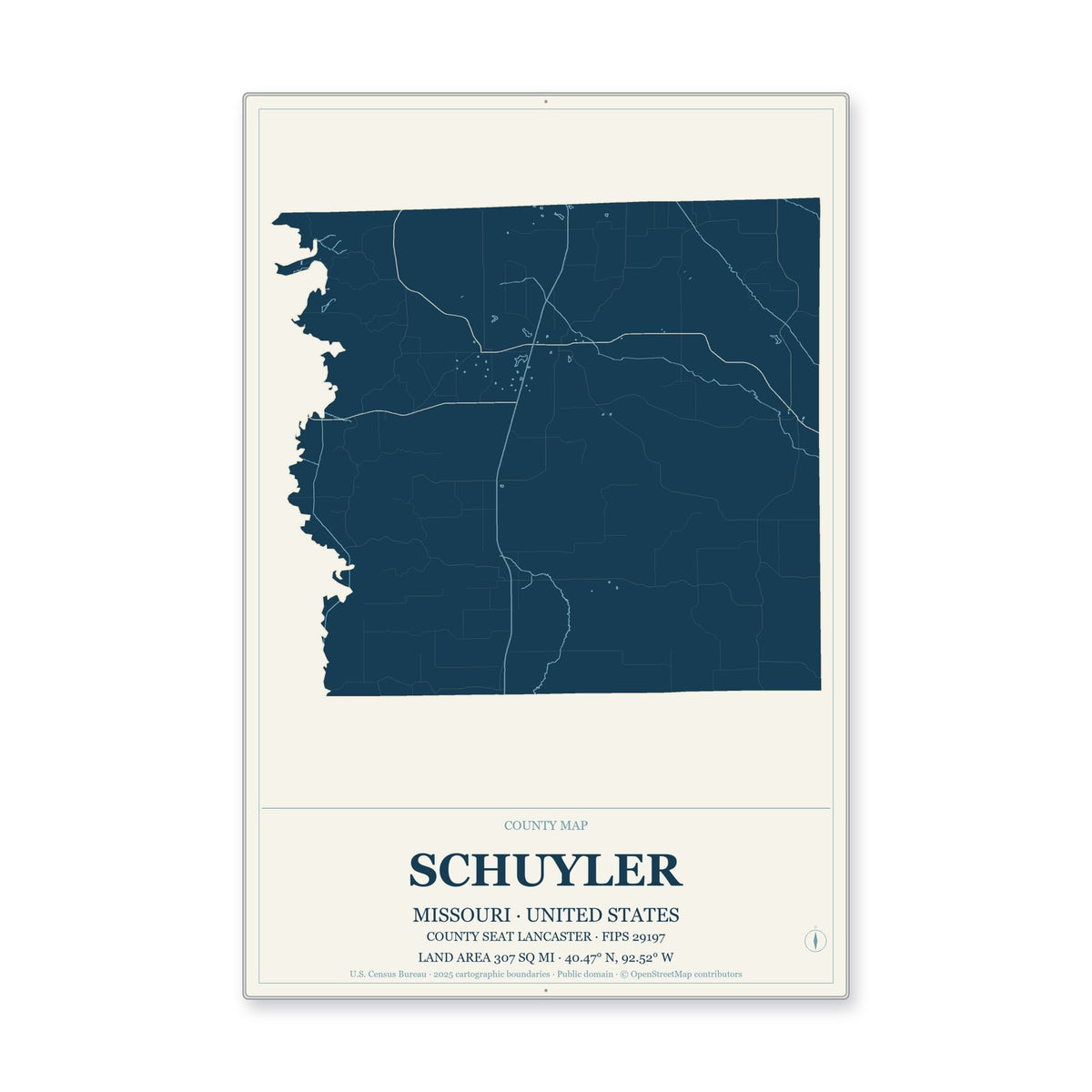 Schuyler County, Missouri Map Aluminum Sign in Coastal Cutout style