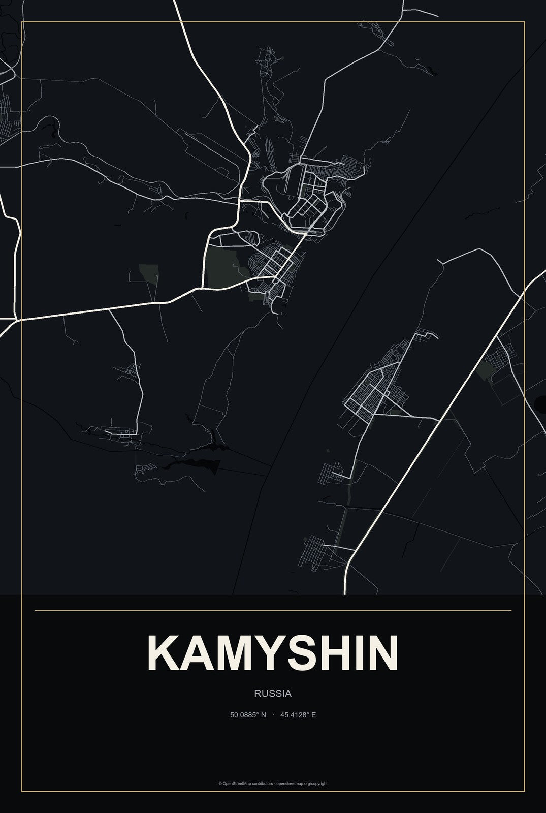 Kamyshin, Russia City Map Aluminum Sign in Metropolitan Noir style