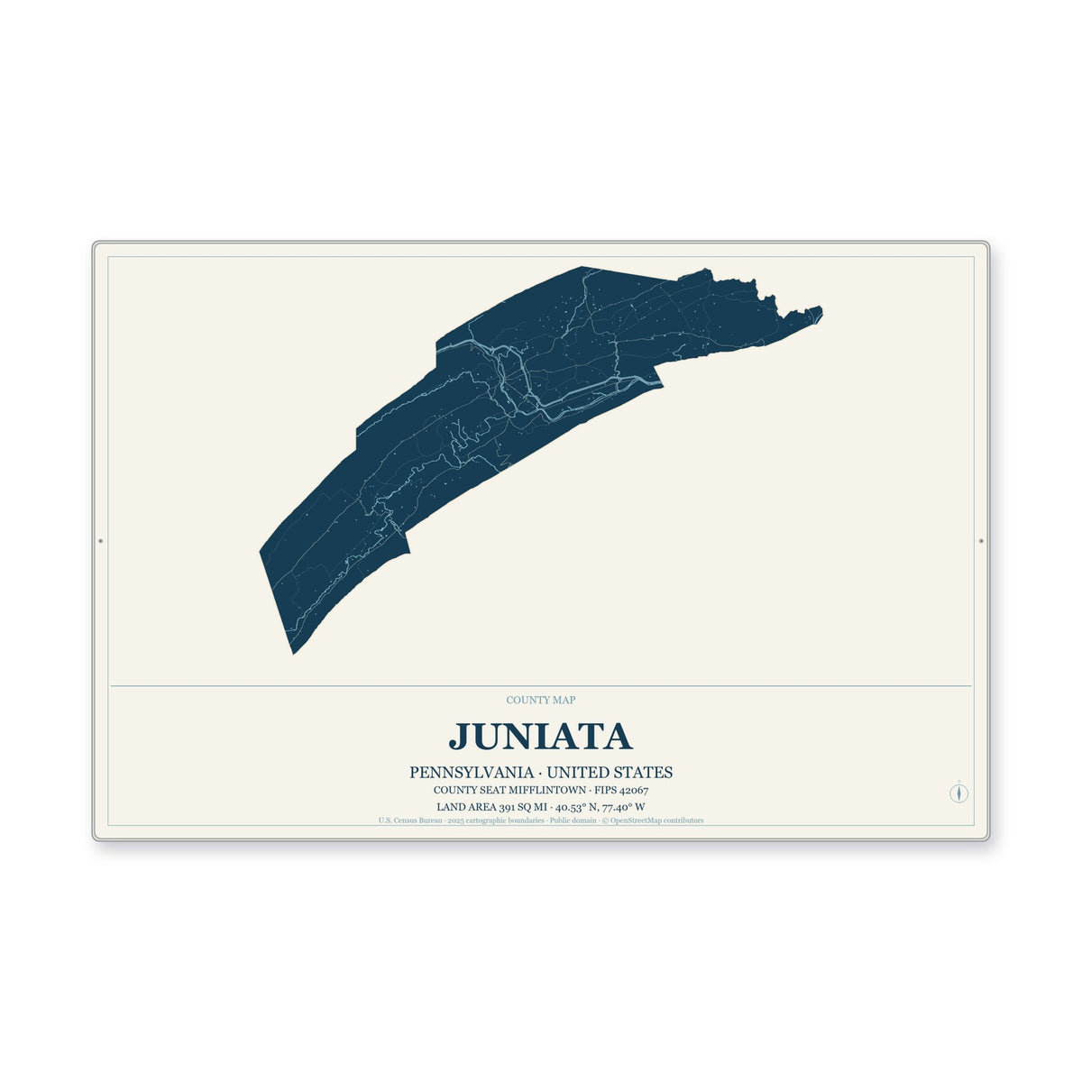 Juniata County, Pennsylvania Map Aluminum Sign in Coastal Cutout style