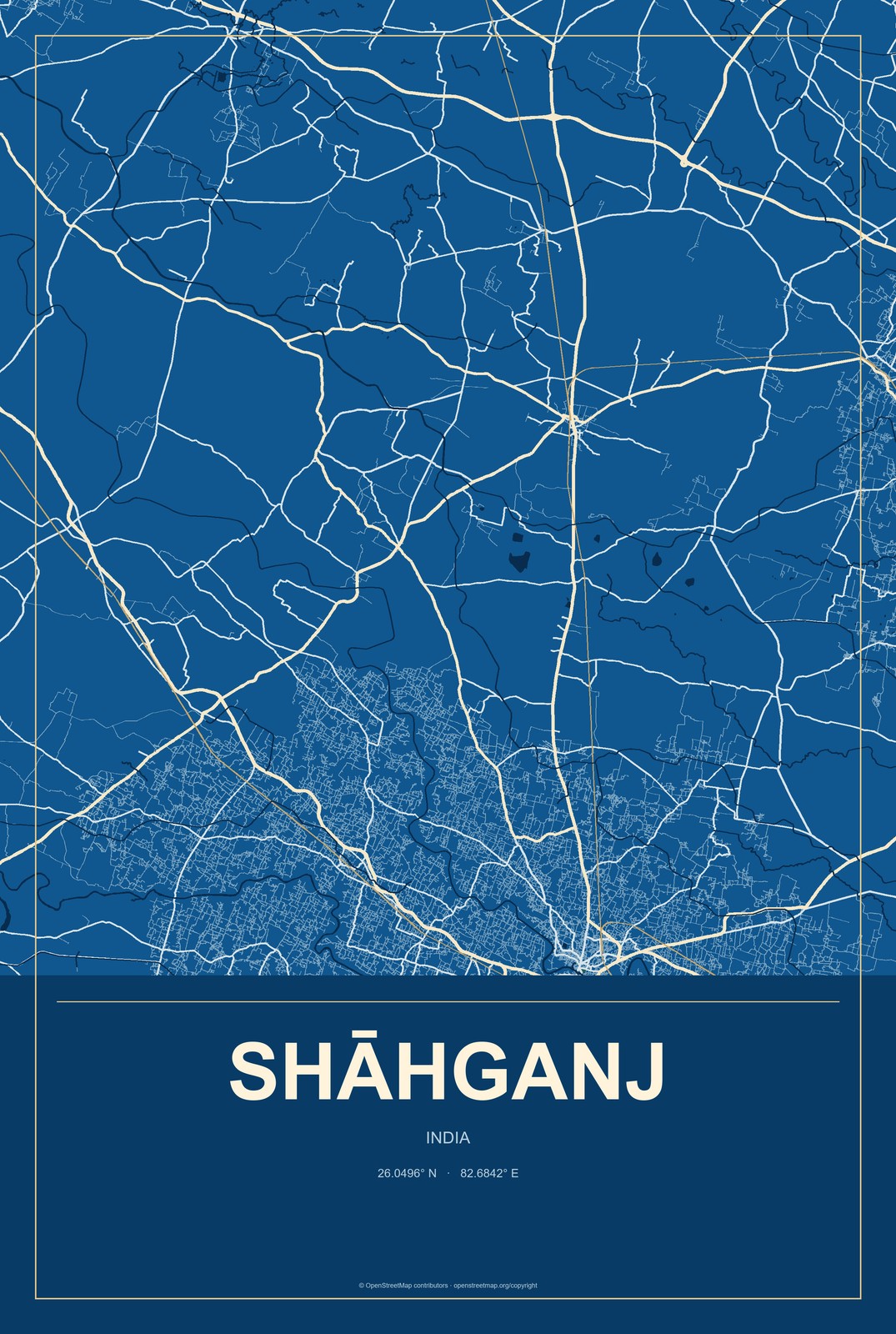 Shāhganj, India City Map Aluminum Sign in Harbor Cobalt style