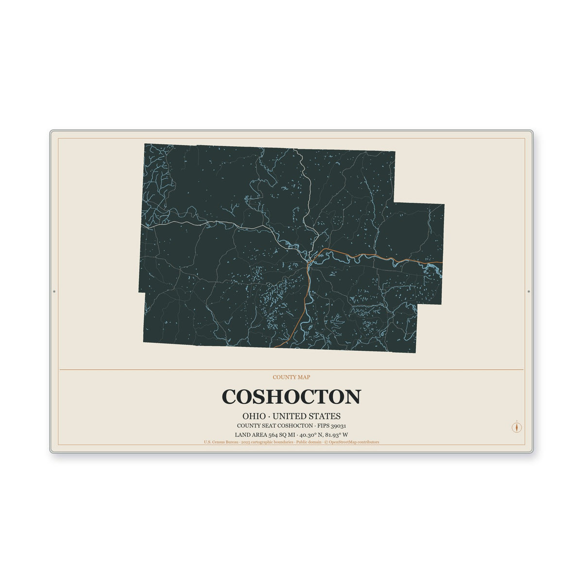 Coshocton County, Ohio Map Aluminum Sign in Headline Atlas style