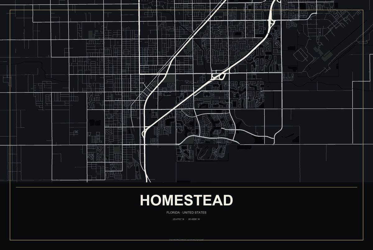 Homestead, Florida City Map Aluminum Sign in Metropolitan Noir style