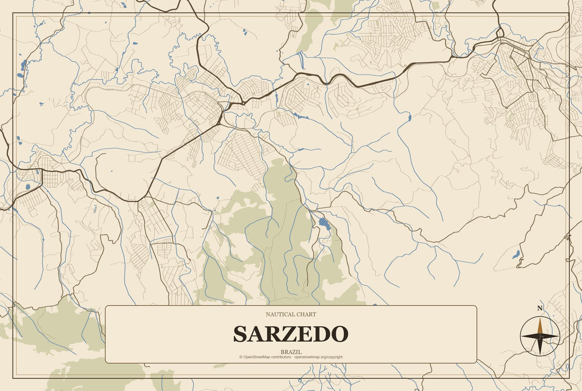 Sarzedo, Brazil City Map Aluminum Sign in Heritage Nautical style