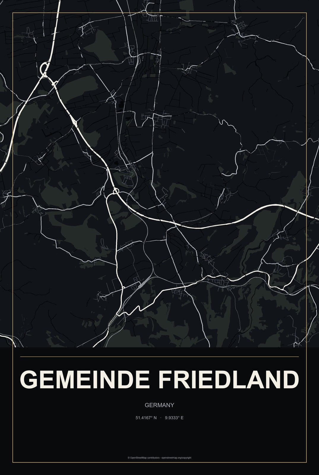 Gemeinde Friedland, Germany City Map Aluminum Sign in Metropolitan Noir style