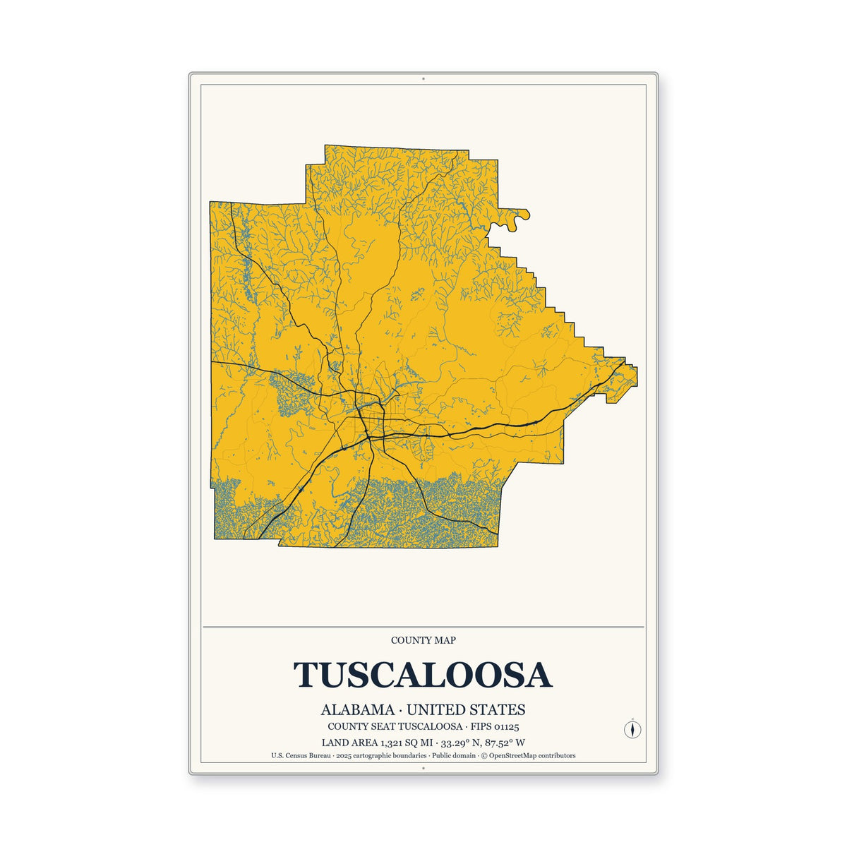 Tuscaloosa County, Alabama Map Aluminum Sign in Citrine Modern style