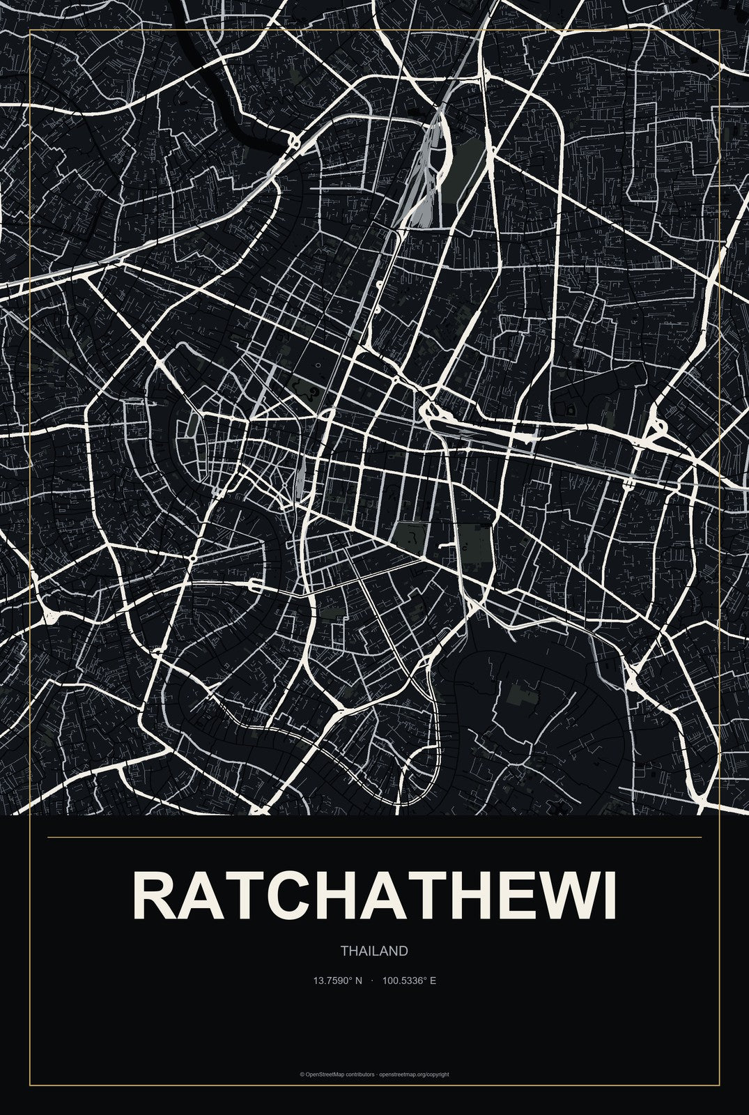 Ratchathewi, Thailand City Map Aluminum Sign in Metropolitan Noir style