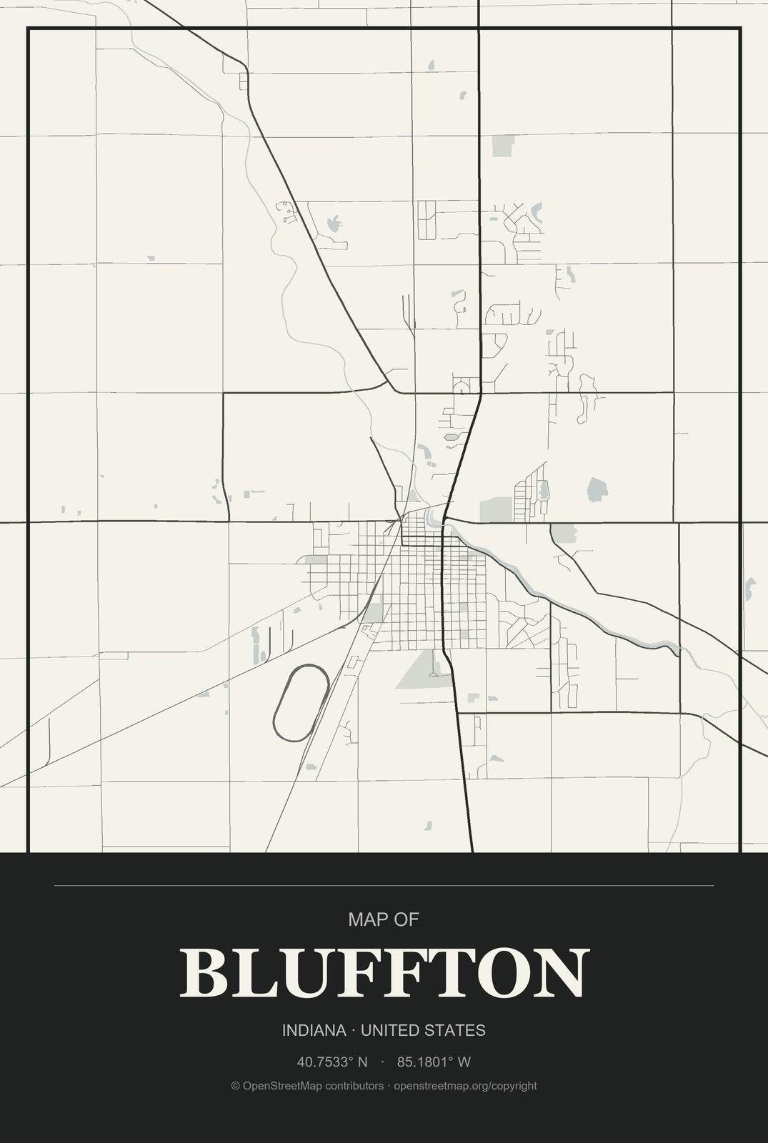 Bluffton, Indiana City Map Aluminum Sign in Museum Plaque style