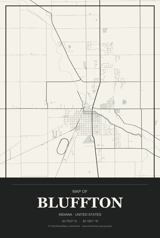 Bluffton, Indiana City Map Aluminum Sign in Museum Plaque style