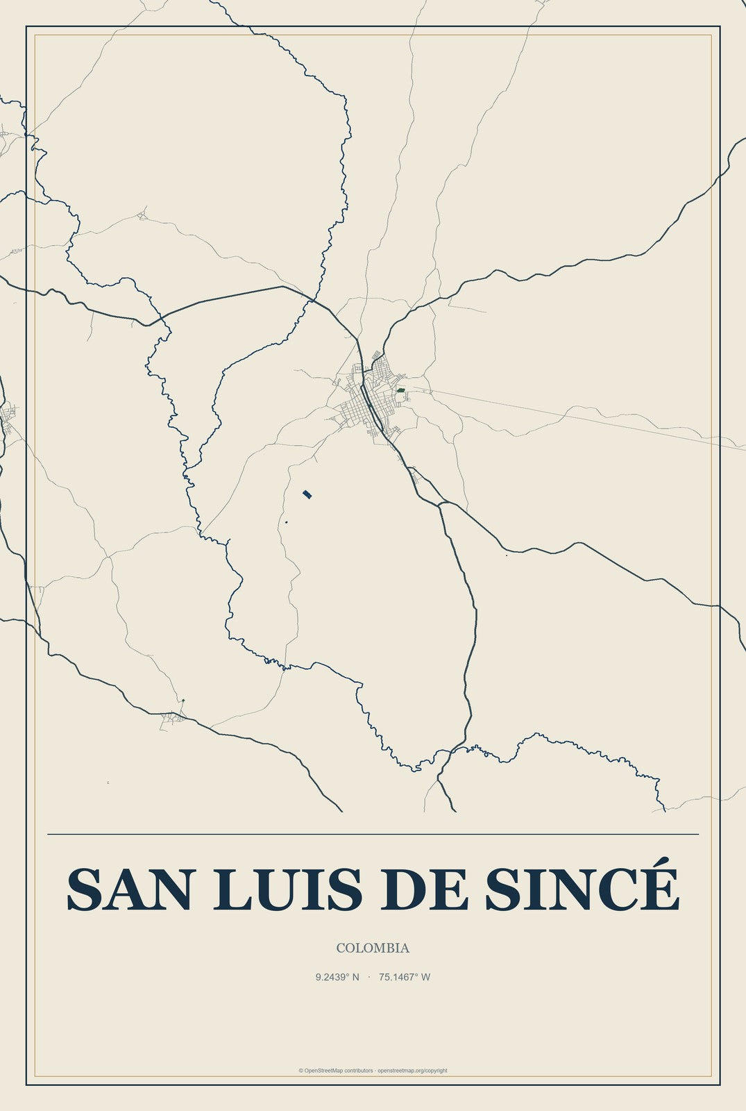San Luis de Sincé, Colombia City Map Aluminum Sign in Coastal Cutout style