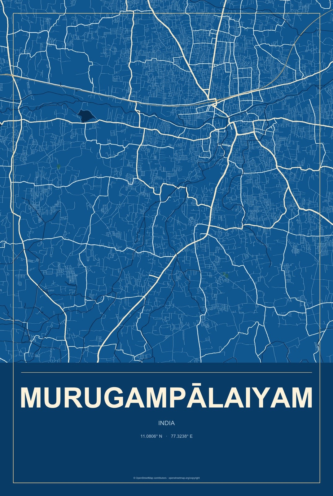 Murugampālaiyam, India City Map Aluminum Sign in Harbor Cobalt style