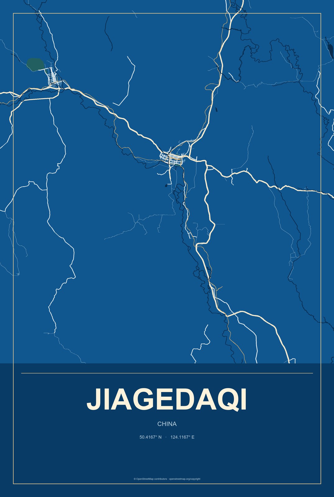 Jiagedaqi, China City Map Aluminum Sign in Harbor Cobalt style