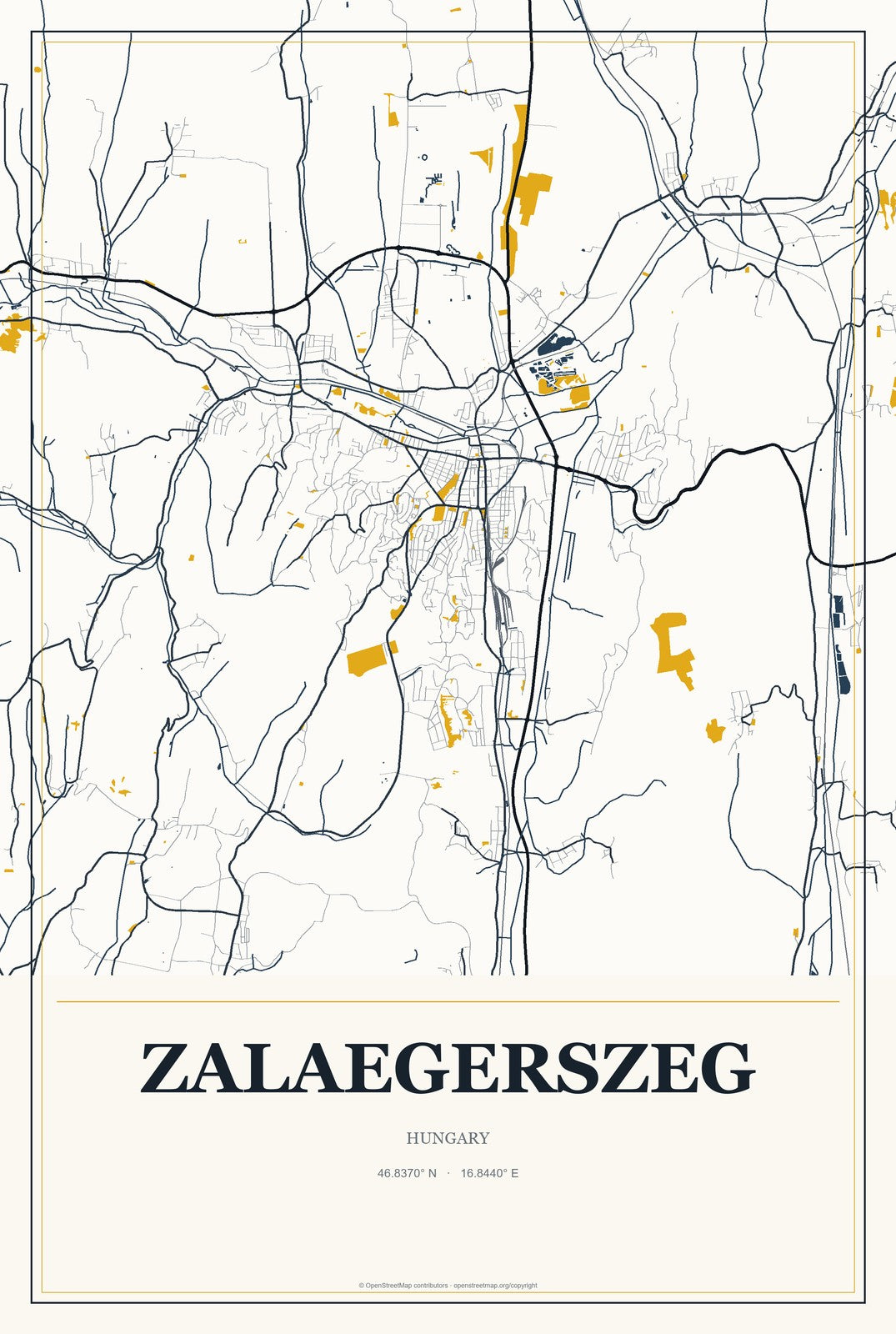 Zalaegerszeg, Hungary City Map Aluminum Sign in Citrine Modern style