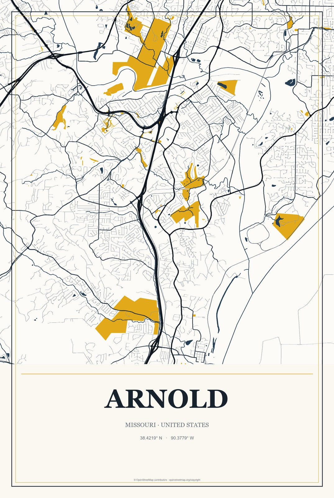 Arnold, Missouri City Map Aluminum Sign in Citrine Modern style