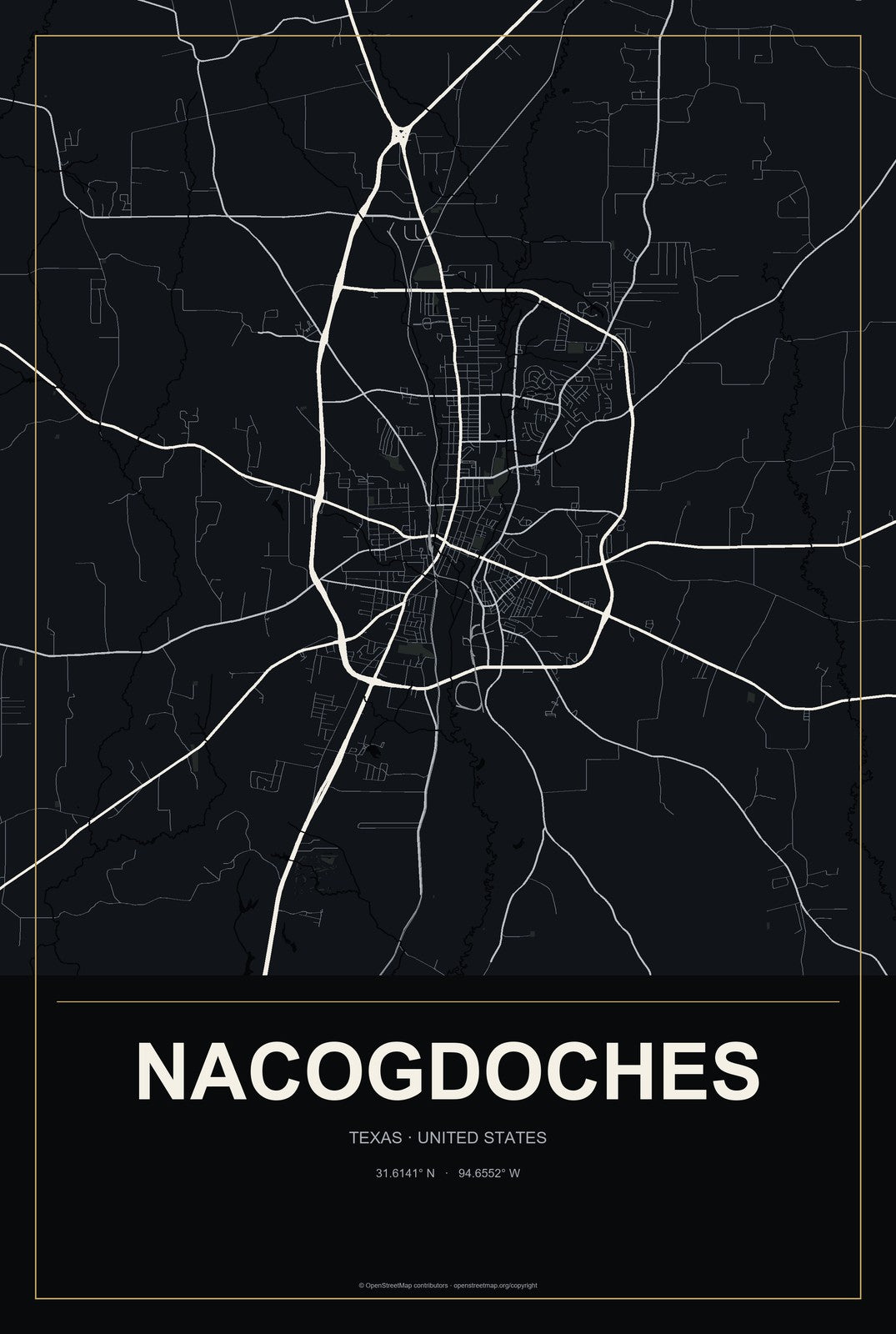 Nacogdoches, Texas City Map Aluminum Sign in Metropolitan Noir style