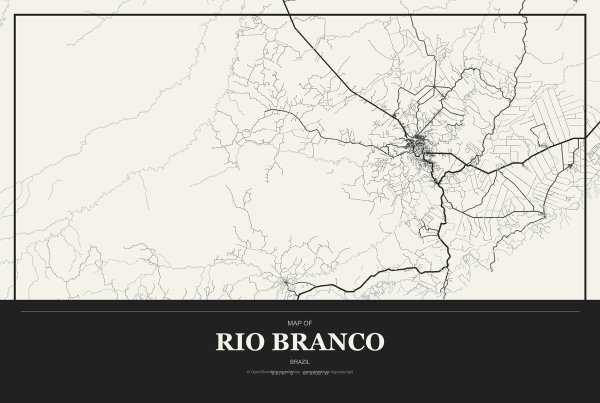 Rio Branco, Brazil City Map Aluminum Sign in Museum Plaque style