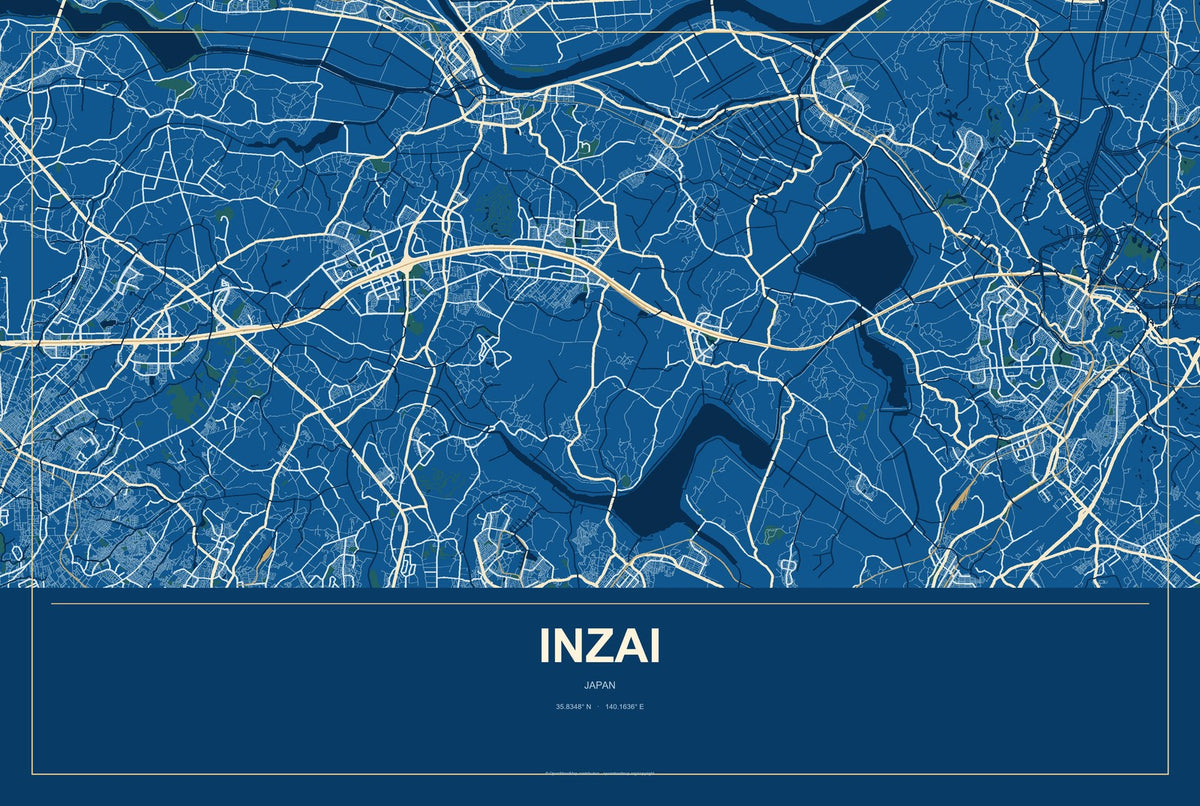 Inzai, Japan City Map Aluminum Sign in Harbor Cobalt style