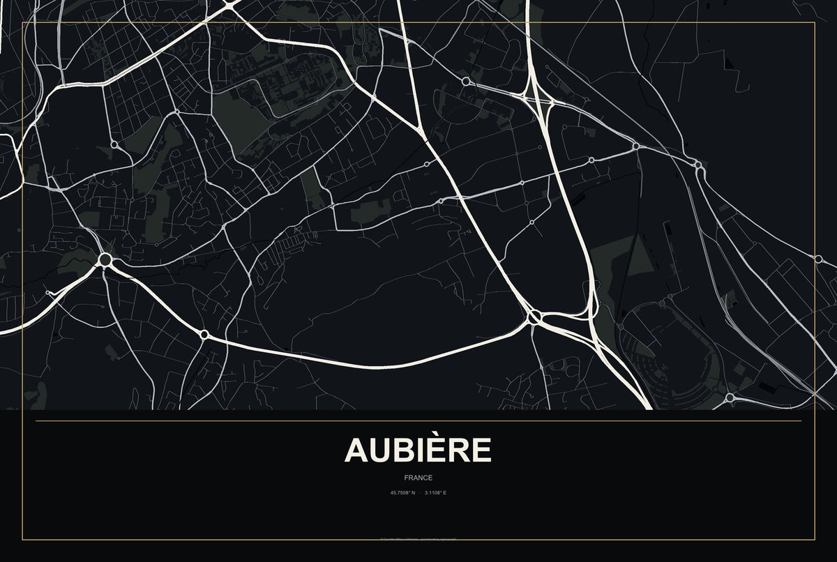 Aubière, France City Map Aluminum Sign in Metropolitan Noir style