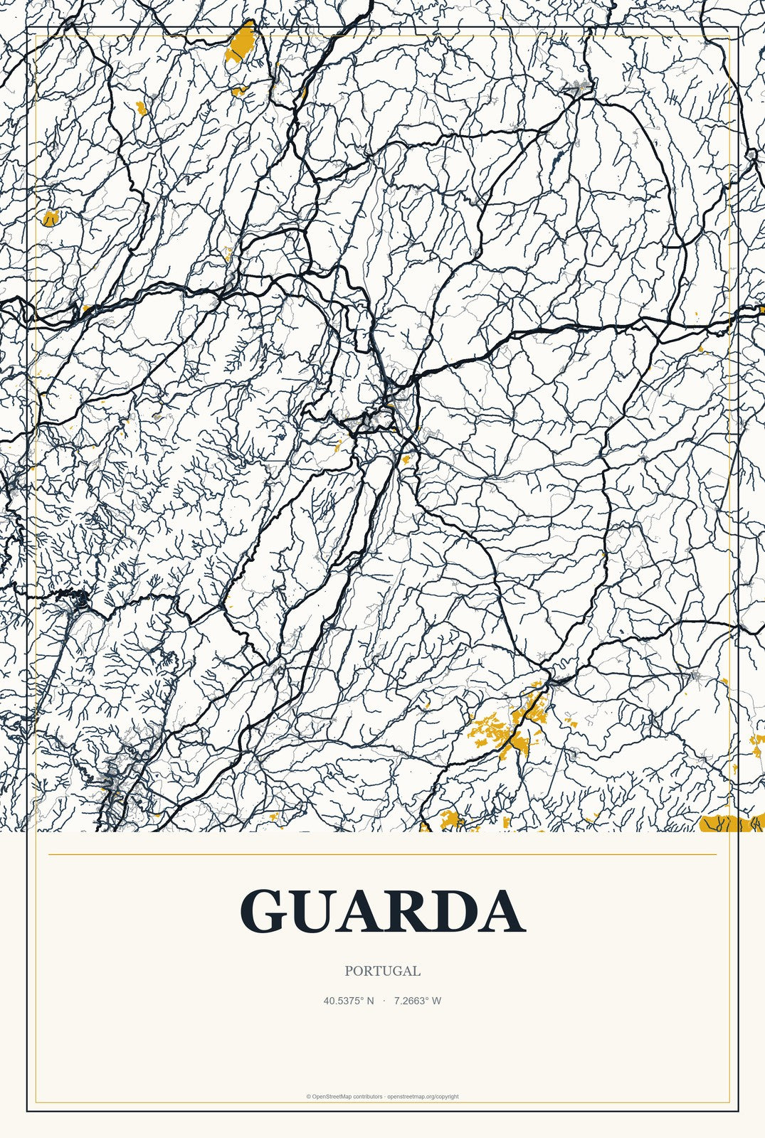 Guarda, Portugal City Map Aluminum Sign in Citrine Modern style