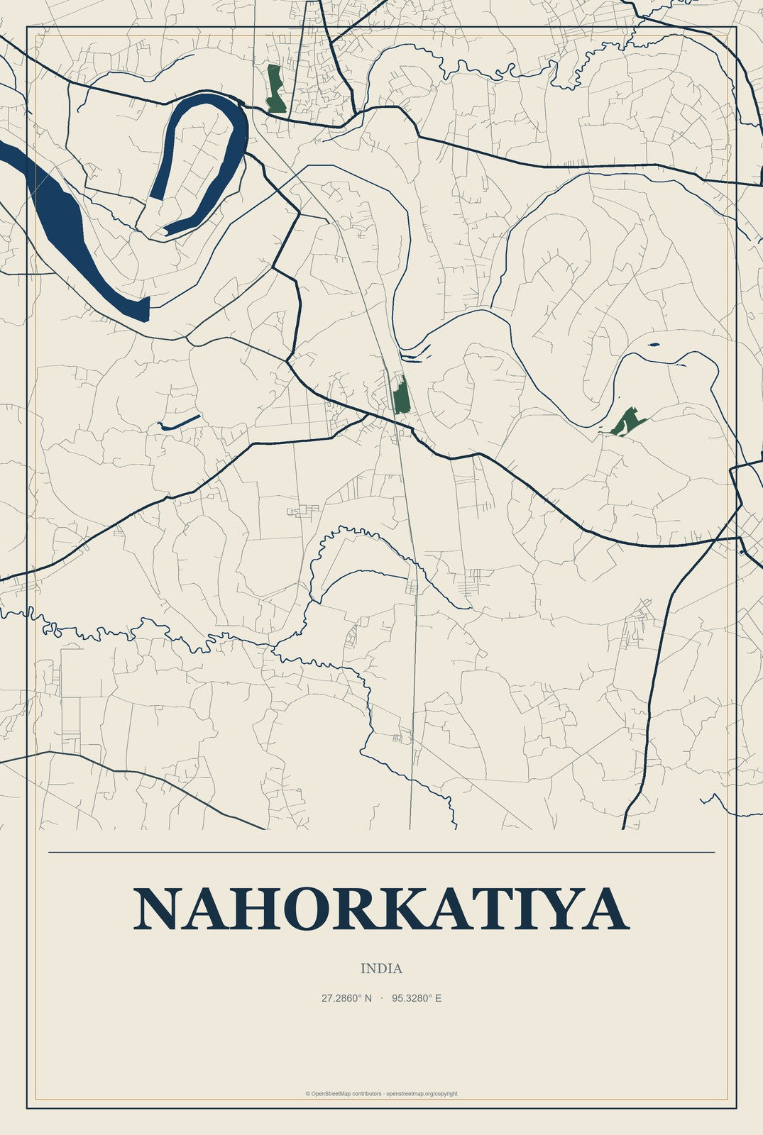 Nahorkatiya, India City Map Aluminum Sign in Coastal Cutout style