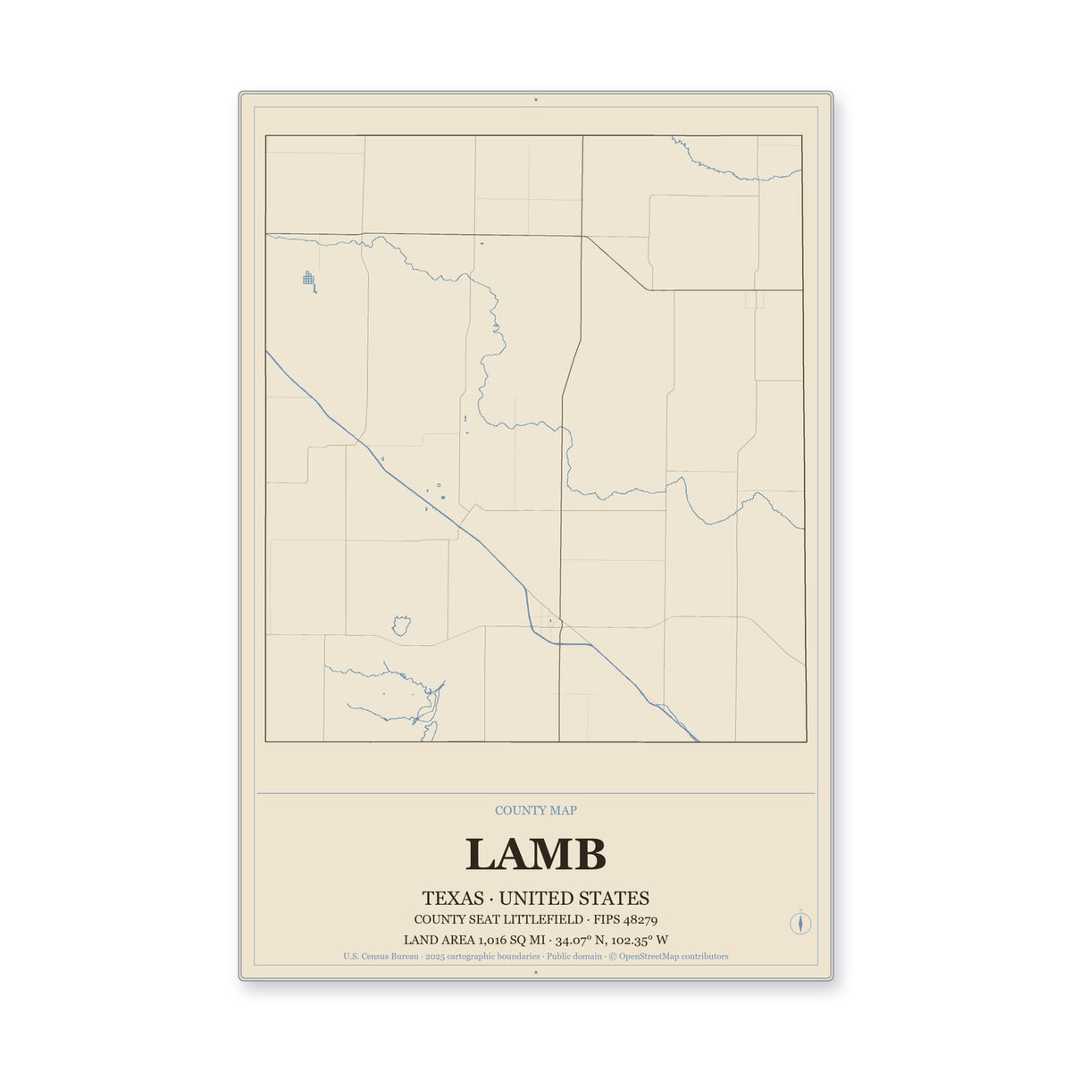 Lamb County, Texas Map Aluminum Sign in Heritage Nautical style