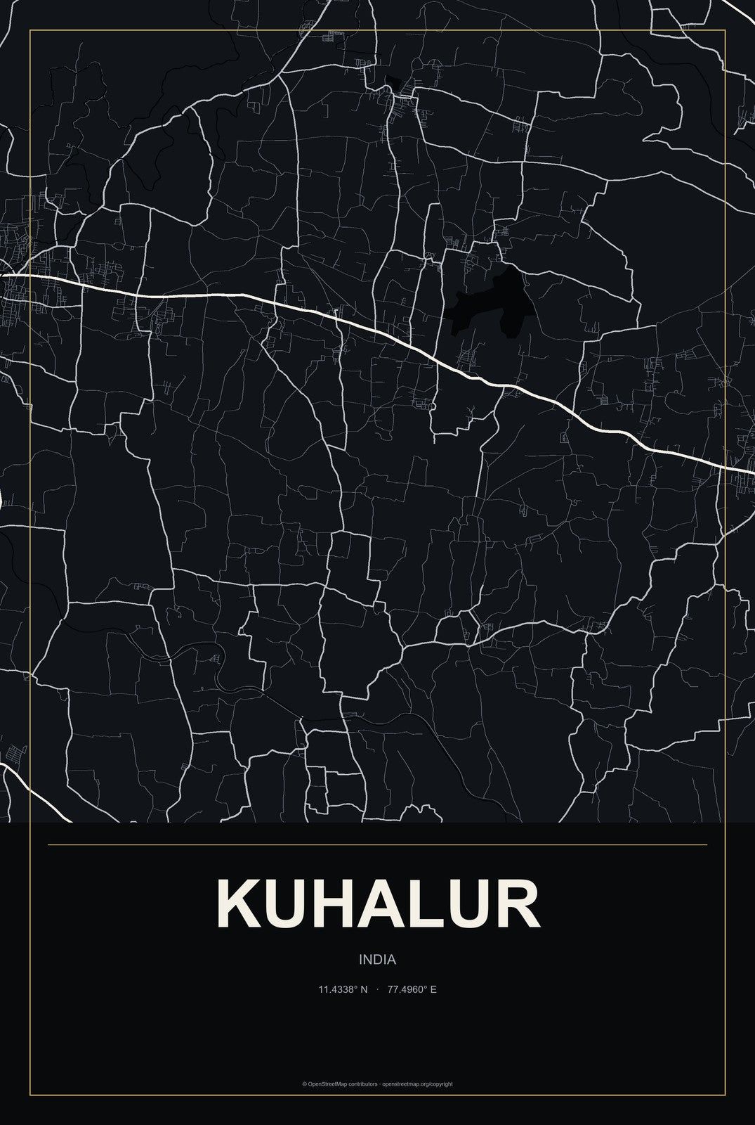 Kuhalur, India City Map Aluminum Sign in Metropolitan Noir style