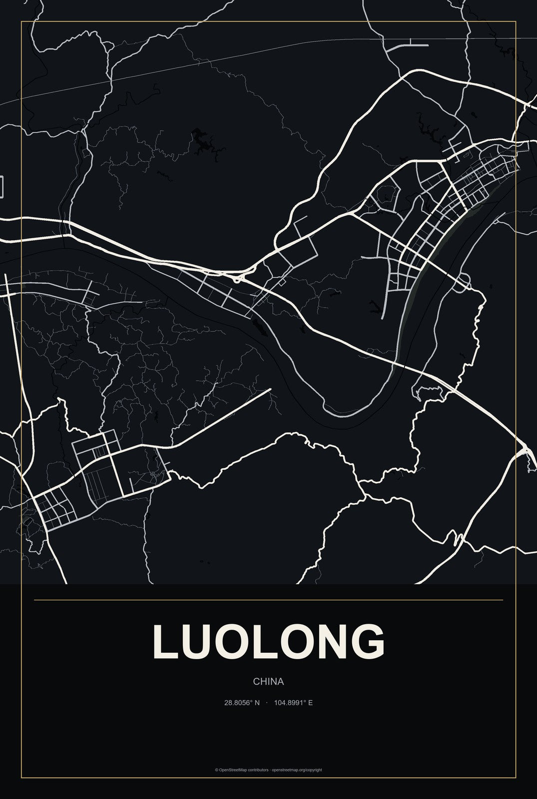 Luolong, China City Map Aluminum Sign in Metropolitan Noir style